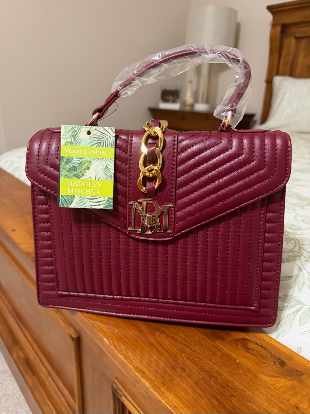 Badgley Mischka Wine Quilted Vegan Leather Top-Handle Satchel